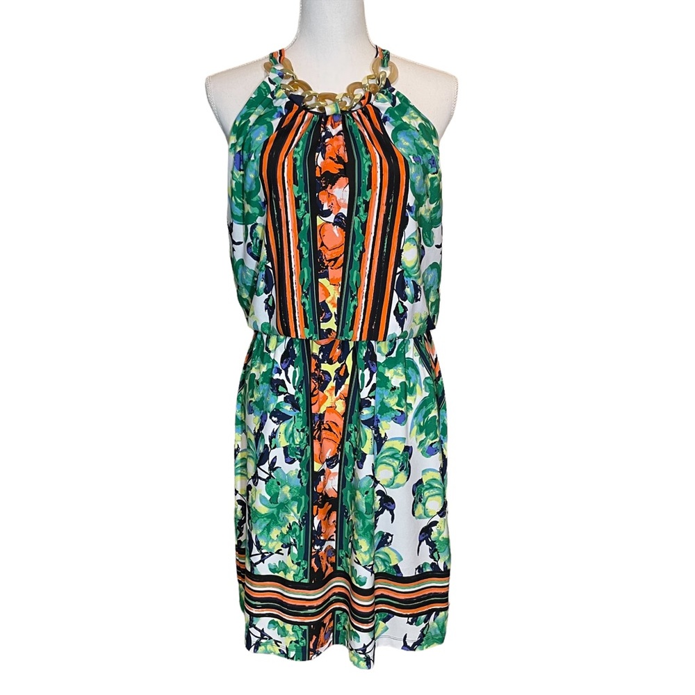 Dressbarn Bright Floral Halter Dress with Necklace Detail.  Size 6
